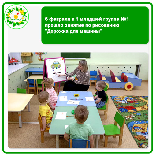 6 февраля в 1 младшей группе №1 прошло занятие по рисованию "Дорожка для машины" 6 февраля в 1 младшей группе №1 прошло занятие по рисованию "Дорожка для машины".